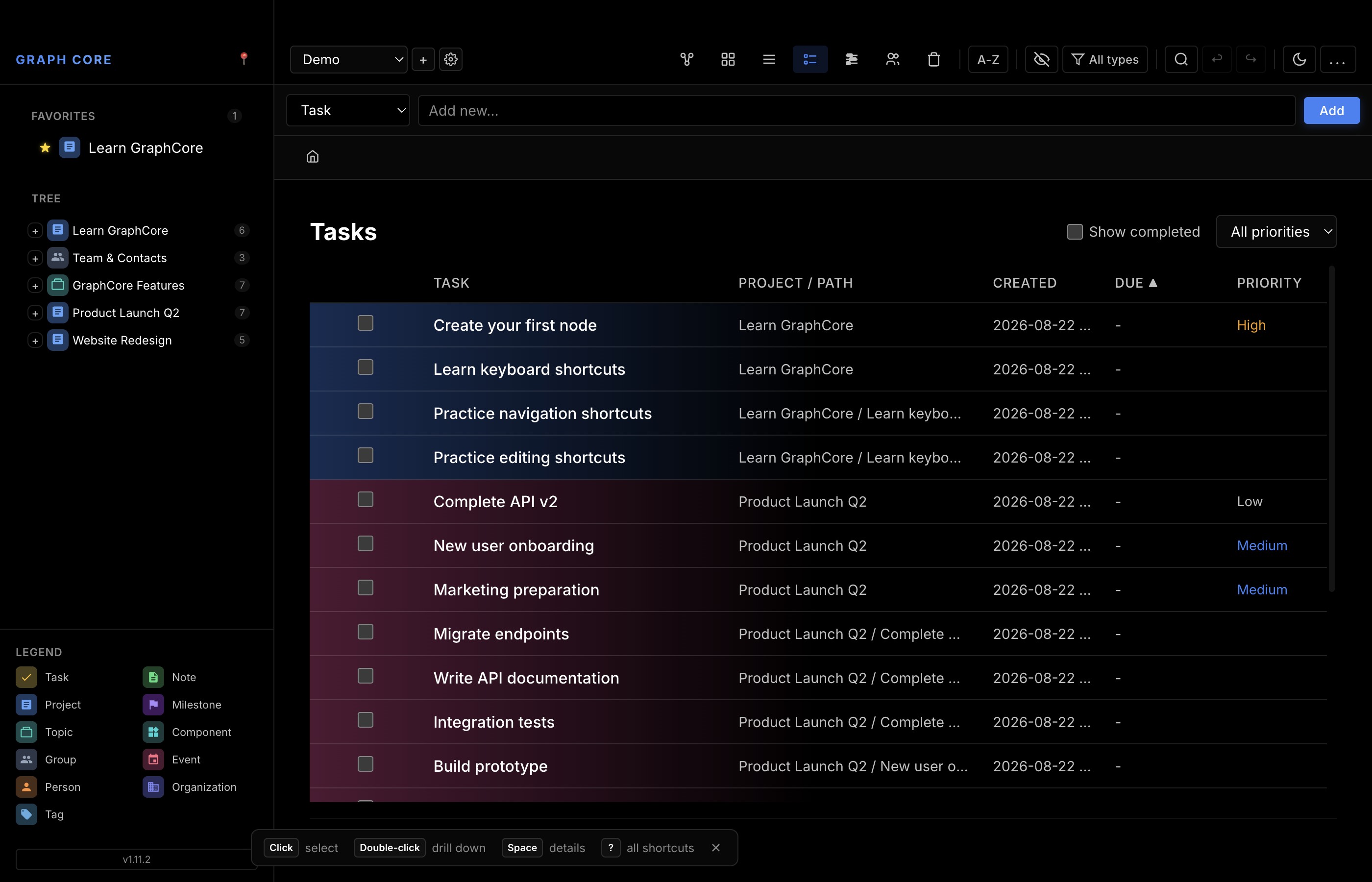 Tasks view showing the Demo workspace